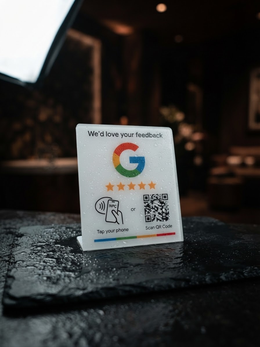 White Tapzy Google review stand